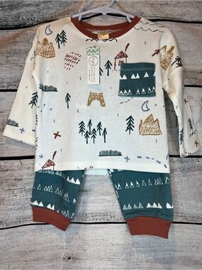 Tesa Babe Baby 2 Piece Cotton Knit Set Cream Teal Rust Forest Camping Tree Cabin